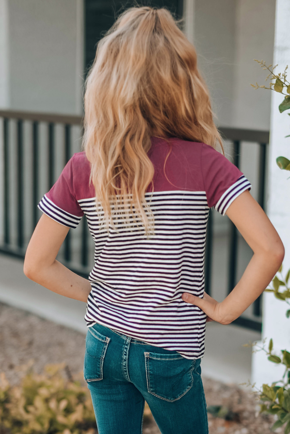 Girls striped pocket color-blocked Tee