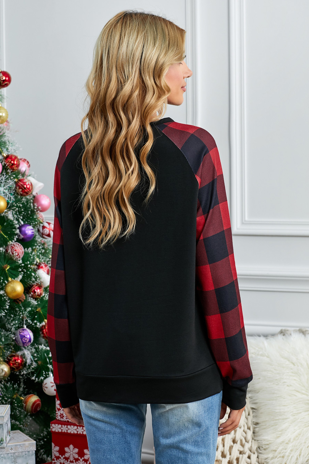 Stockpapa Pallets Liquidation 4 Color Women's Color-blocked Buffalo Plaid Long Sleeve Sweatshirt