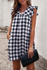 Stockpapa Black Plaid Ruffle V Neck Pocketed Babydoll Mini Dress