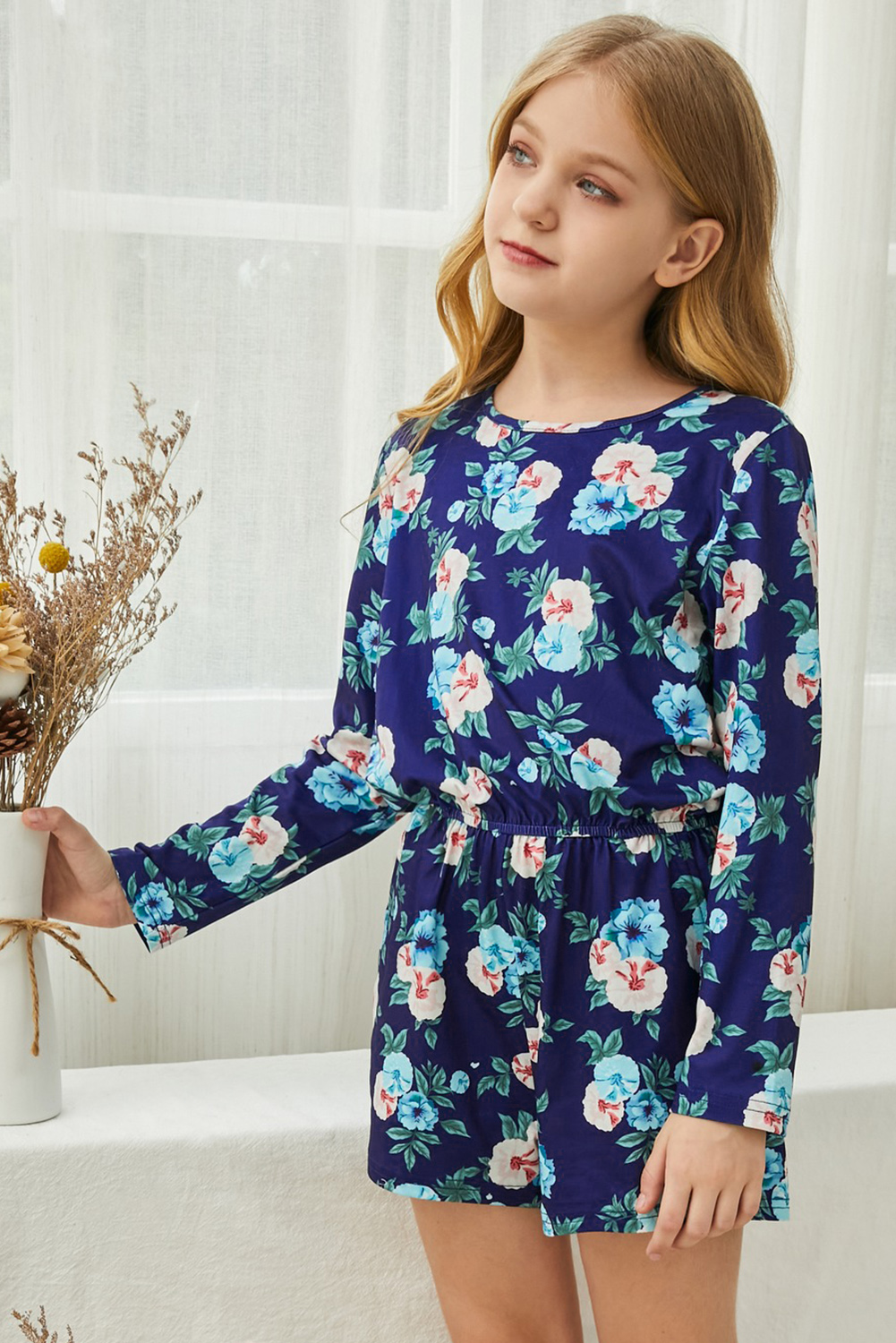 Girls' Floral Long Sleeve Allover Romper