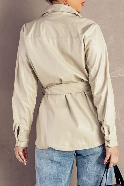 Women's Apricot Flip Breast Pocket Tied Waist PU jackets