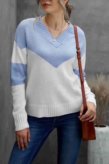 Color Block Design V Neckline Ladies Sweaters