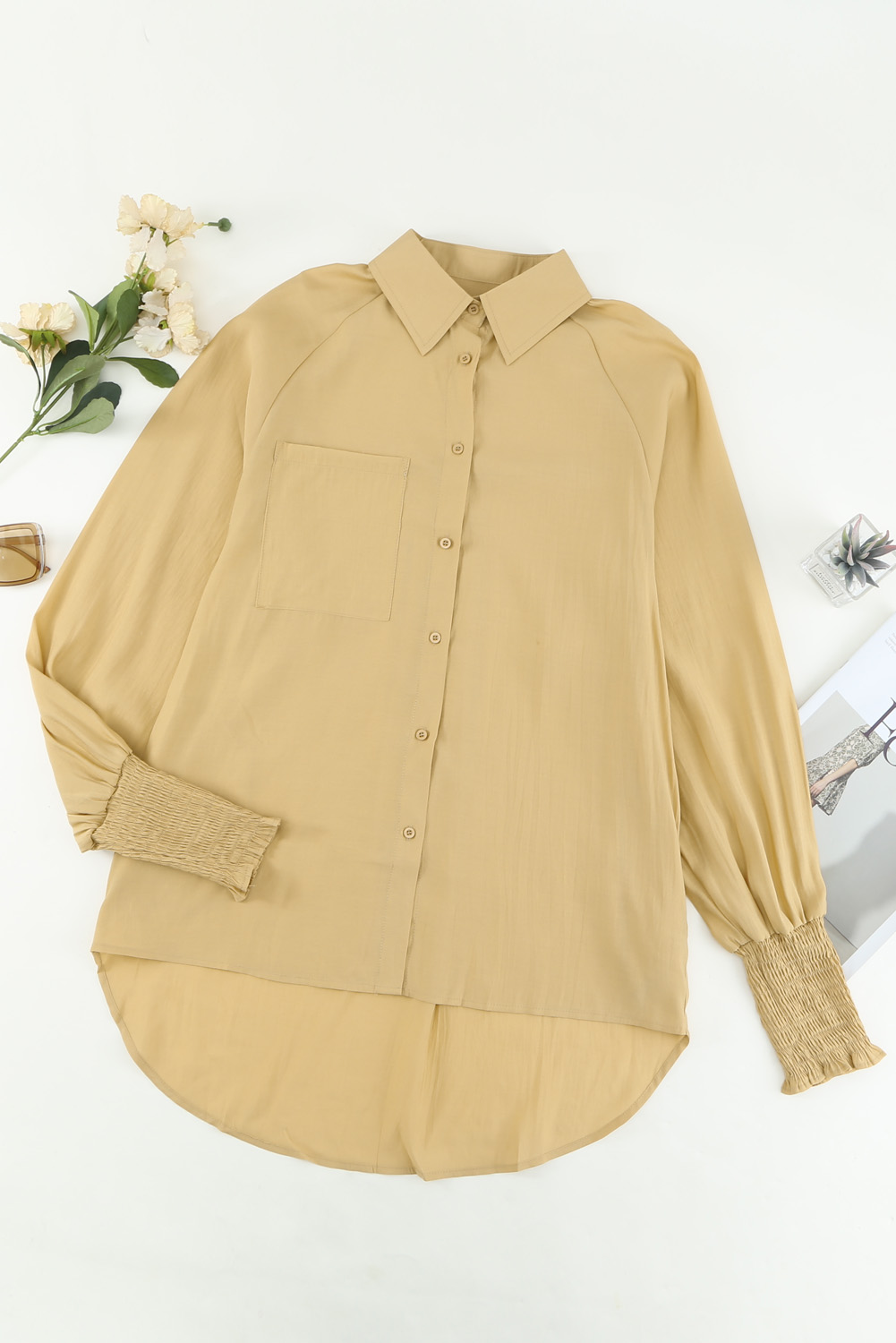 Khaki Billowy Sleeves Pocketed Shirt, (5)