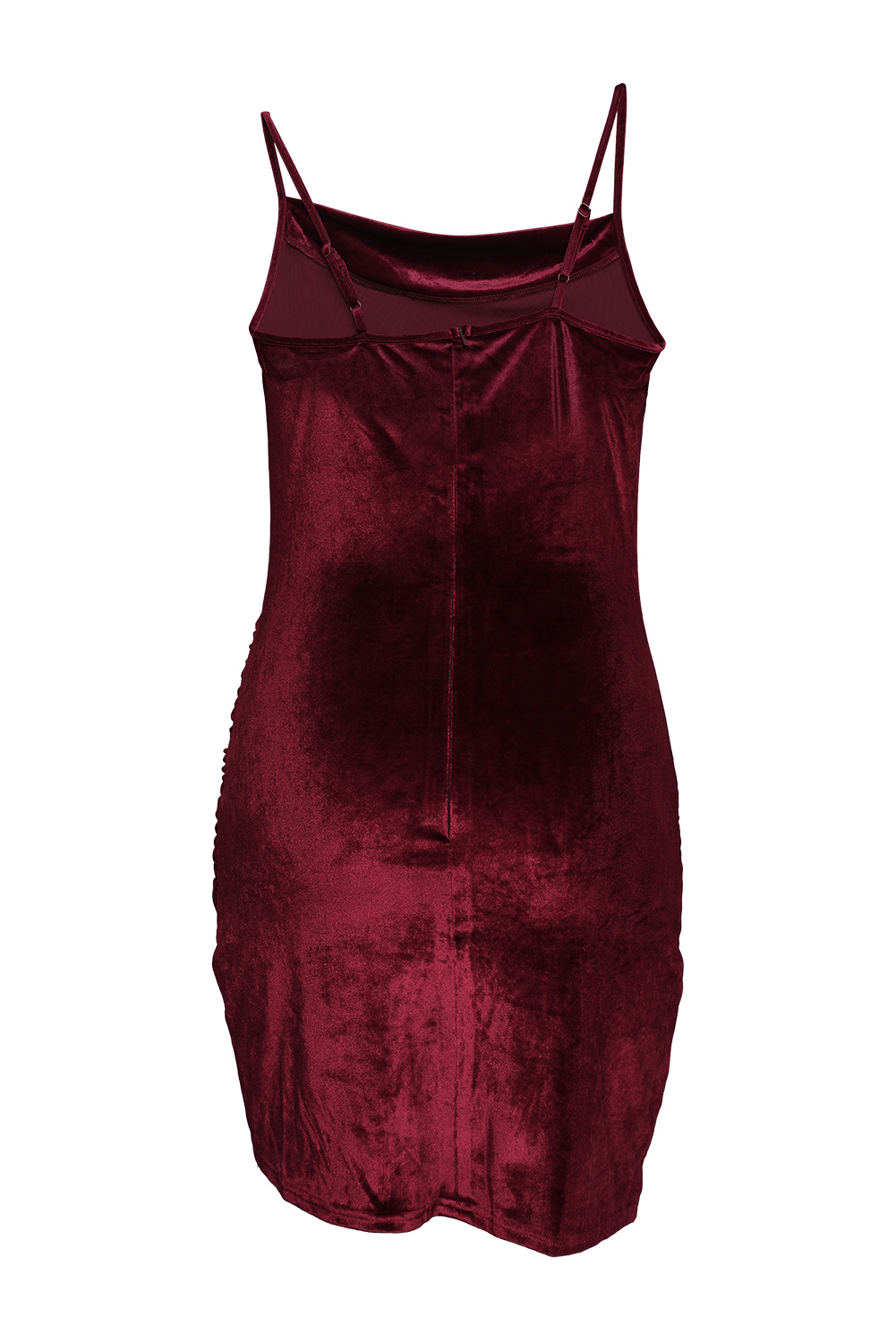 Ladies Spaghetti Straps Ruched Velvet Bodycon Dress 